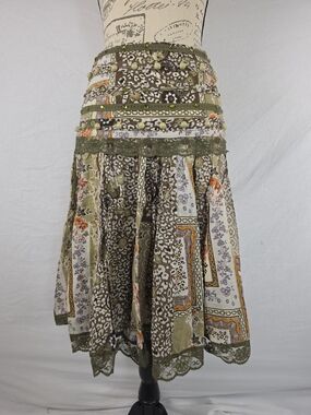 Chaudry Olive Mixed-Print Boho A-Line Skirt - XS